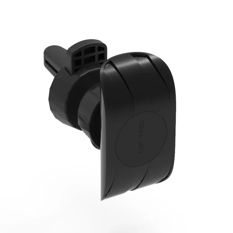 Black car phone holder attached to a car air vent, clamping a smartphone.