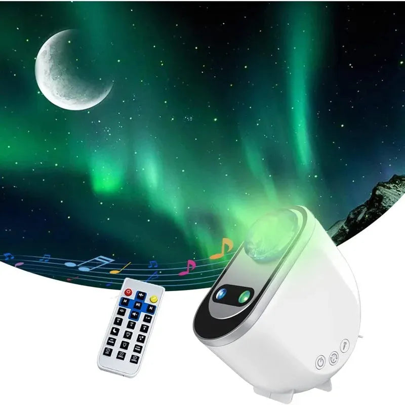 White ABS plastic Northern Lights star projector lamp with USB cable and remote control on table