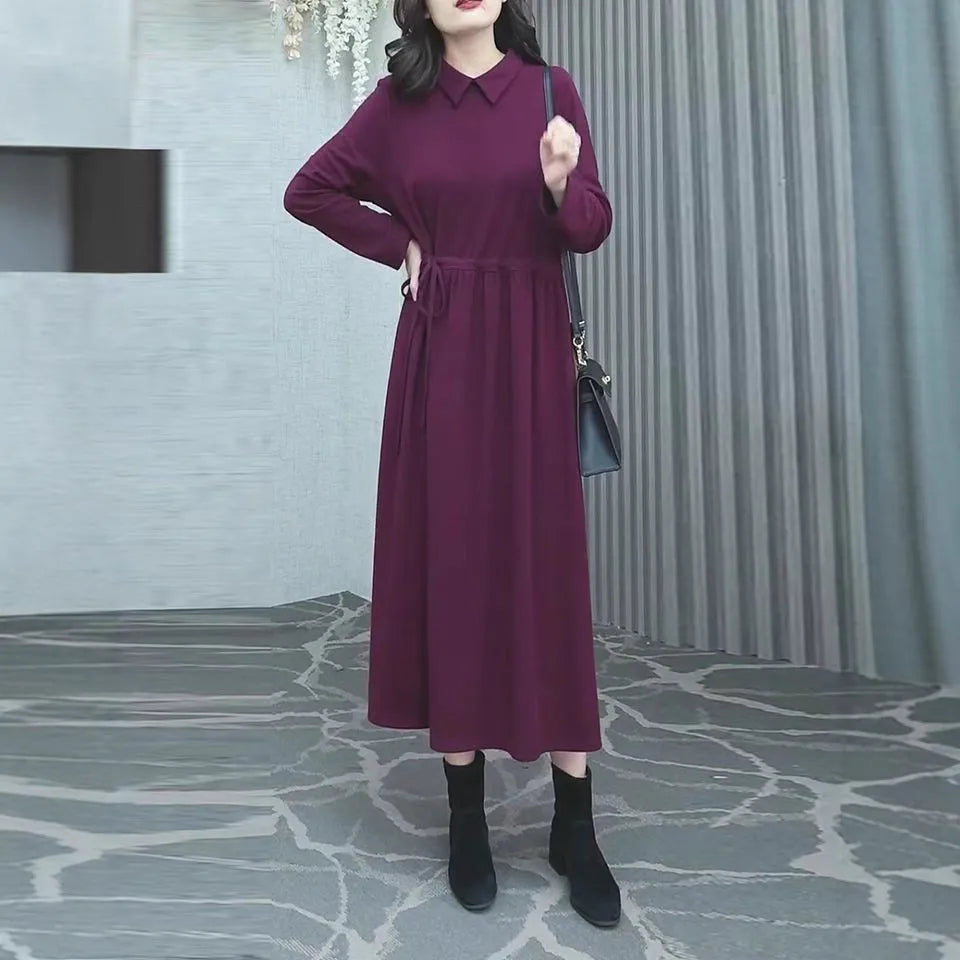 Purplish red plus size dress with extra-long sleeves and long skirt for autumn winter wear