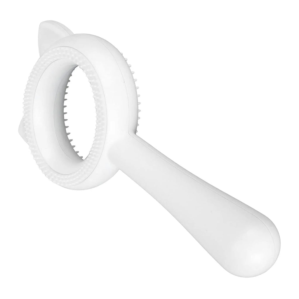 Double-sided pet grooming brush with blue handle showing deshedding comb and massage sides