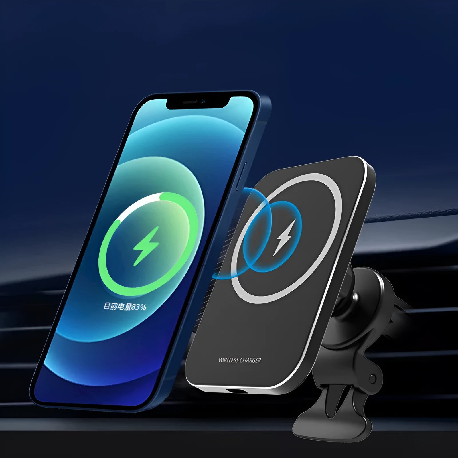15W magnetic wireless charging car phone holder for Apple iPhone 12 in black and silver colours