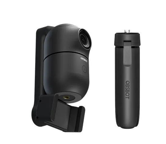Black mobile phone bracket with face-following and PTZ tripod, shown folded and unfolded.