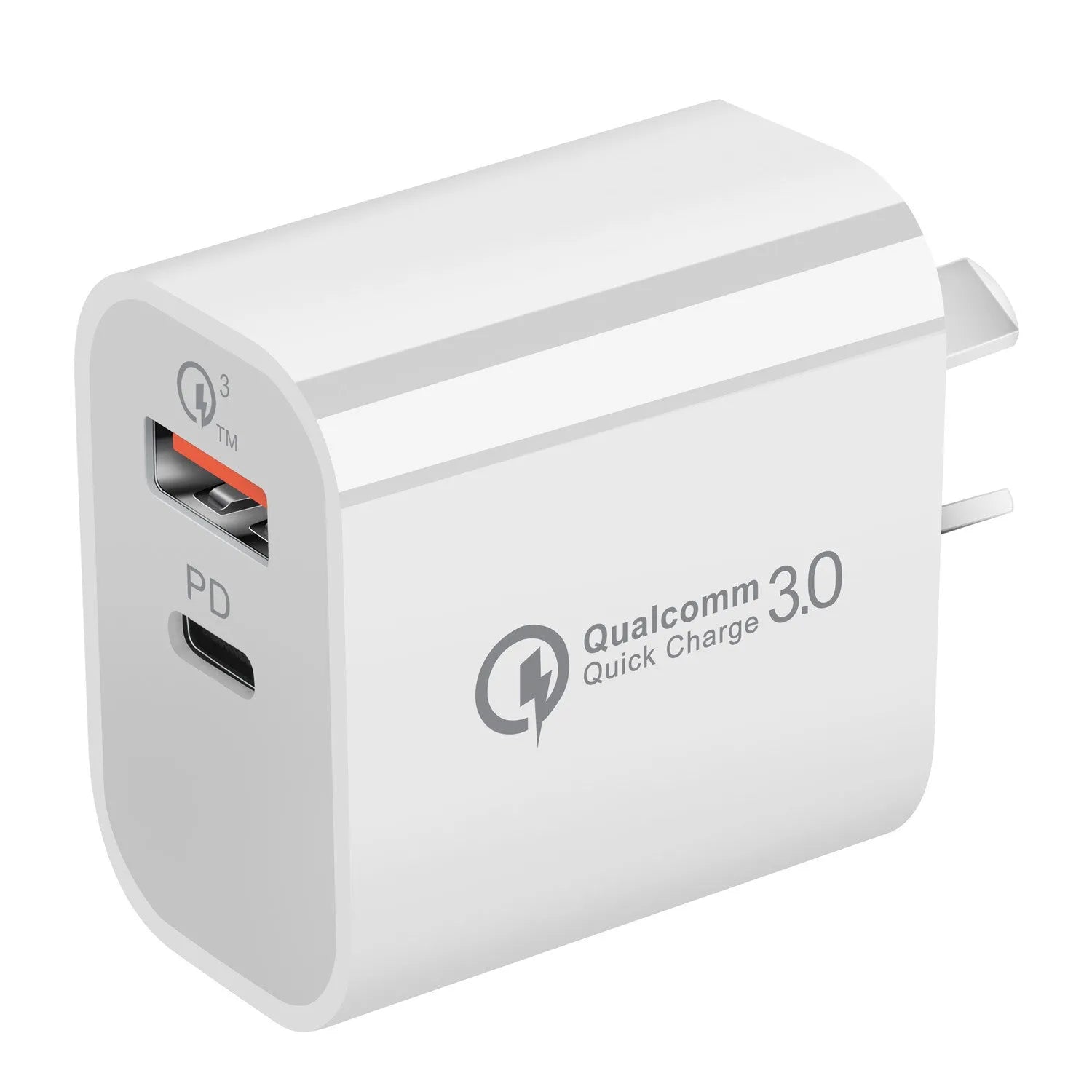 White Australian Standard dual-port USB charger with SAA certification label