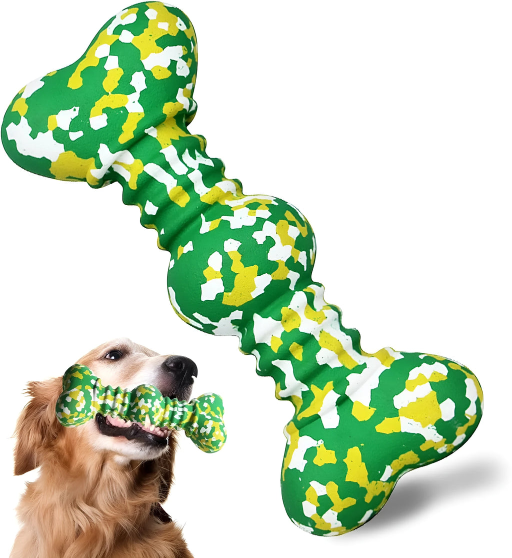 Natural rubber bone-shaped dog chew toy in a camouflage pattern for large breed aggressive chewers.