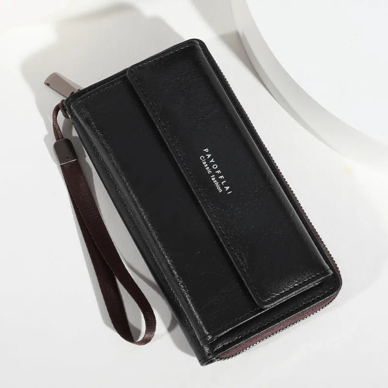 Men's black PU leather long wallet with multiple card slots, showing dimensions.
