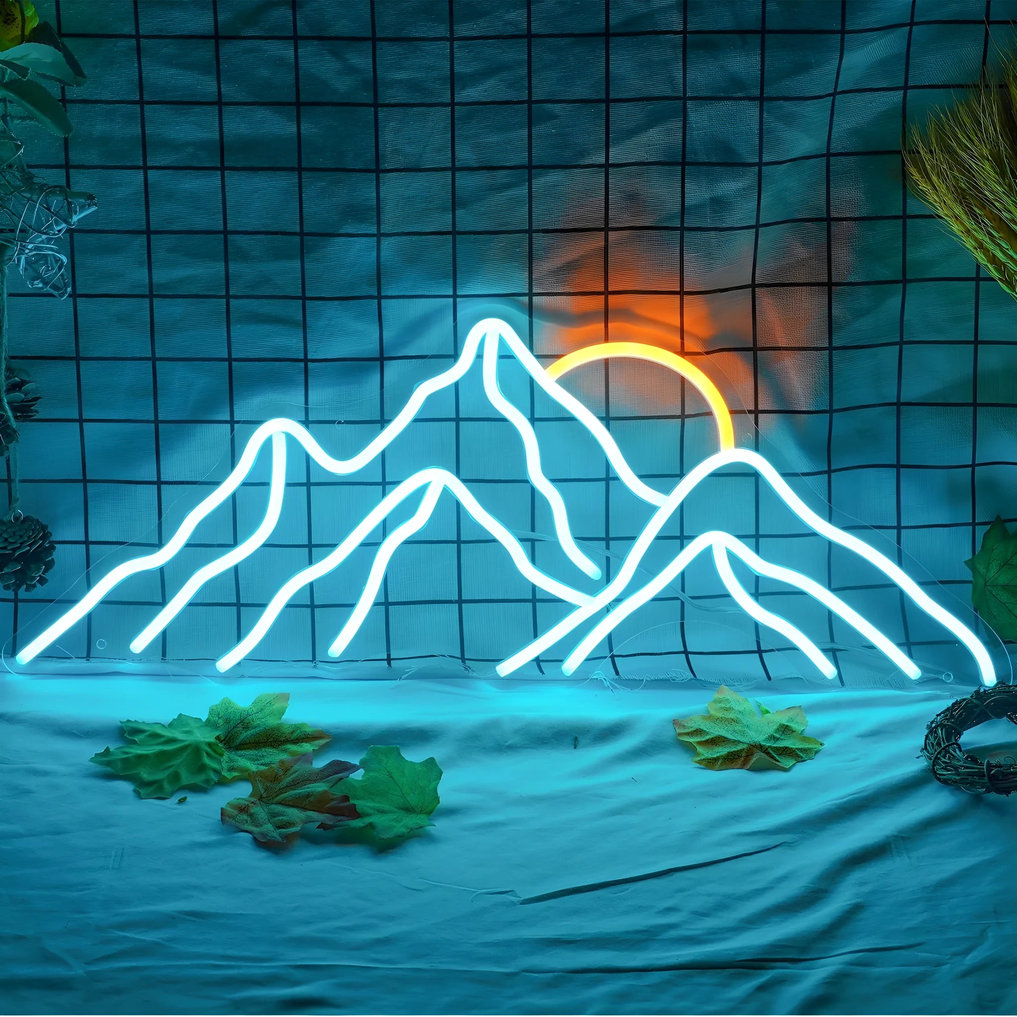 Mountain shape acrylic LED neon light with sunrise colour effect on a wall