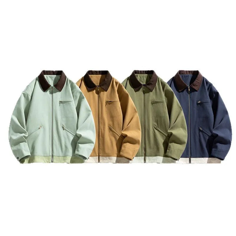 Retro American workwear jacket with contrast colour lapels in loose fit design