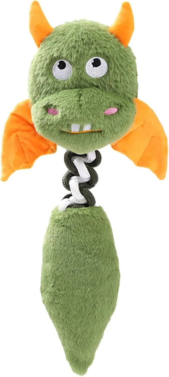 Plush dog toy with cartoon design in assorted colours showing squeaker and rope knot details