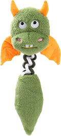 Plush dog toy with cartoon design in assorted colours showing squeaker and rope knot details