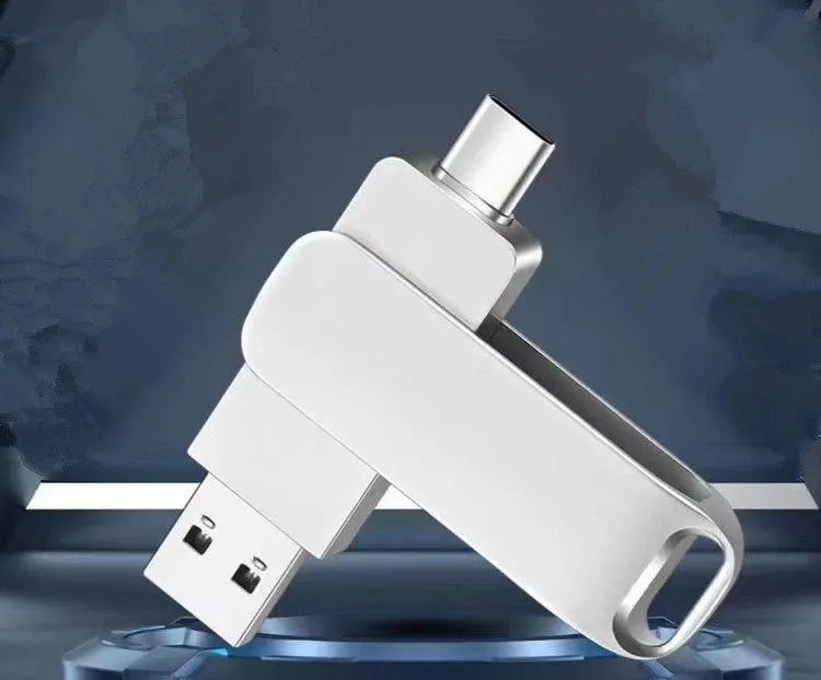 Silver rotating metal USB flash drive showing both USB and Type-C connectors