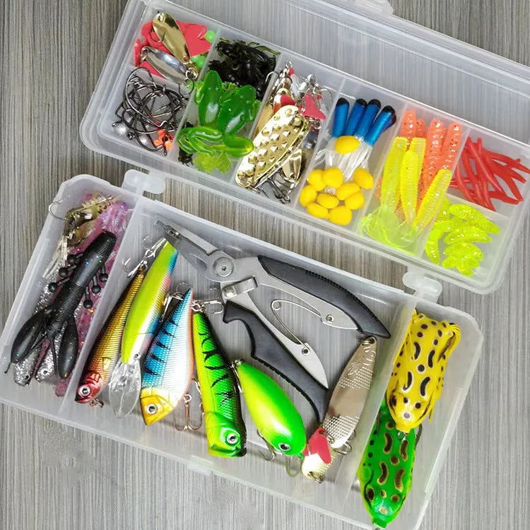 142-piece fishing lure suit showing hard plastic mino baits, metal spoons, sequins, hooks, and stainless steel fishing pliers