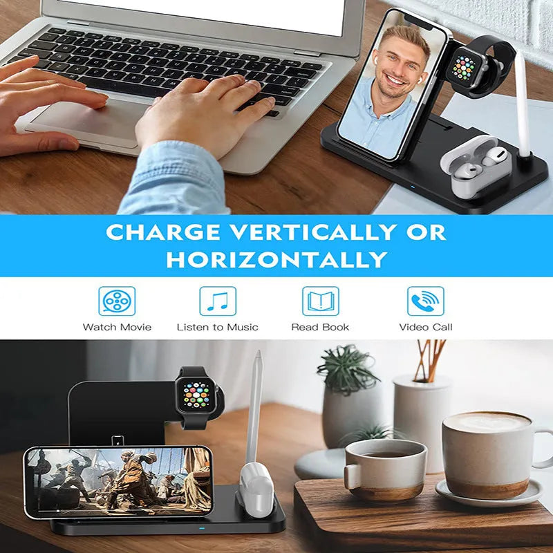 Black Four-in-One wireless charging stand for mobile phones with QC3.0 charging head.