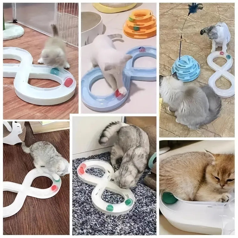 Blue and white cat turntable track ball toy with teasing stick attachment measuring 50cm
