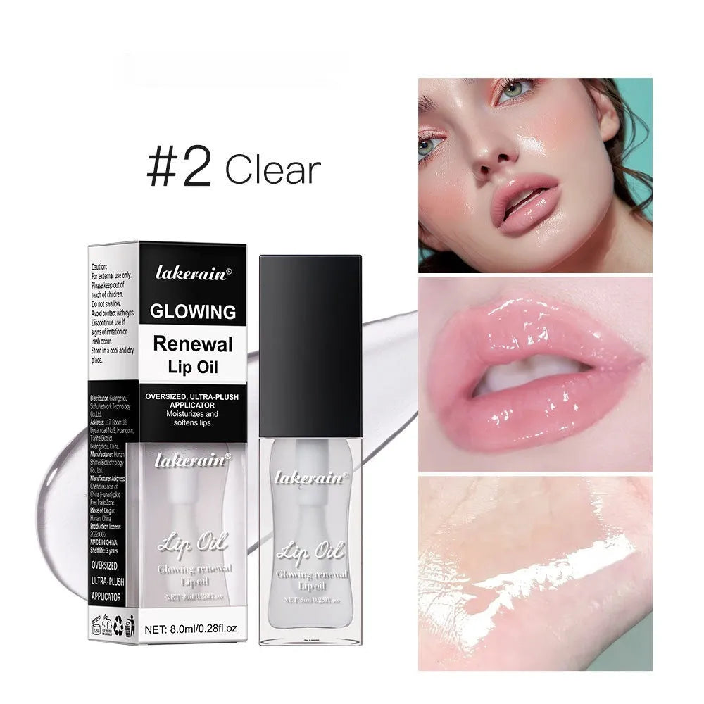 Glow Lip Gloss tube in 8ml size showing one of seven colours: Coral, Clear, Honey, Jam, Pink, Red, or Rose.