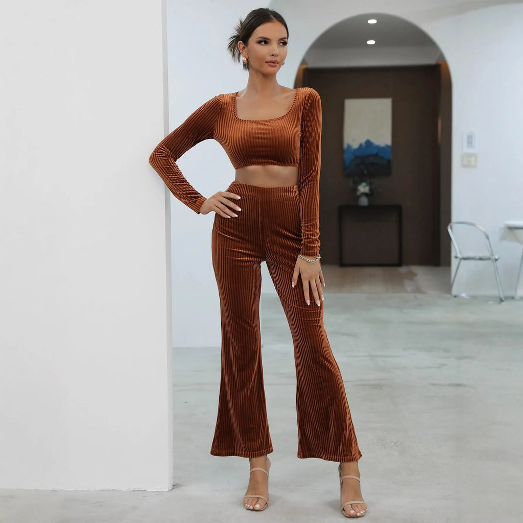 Caramel coloured long sleeve sweater and trousers casual set on hanger