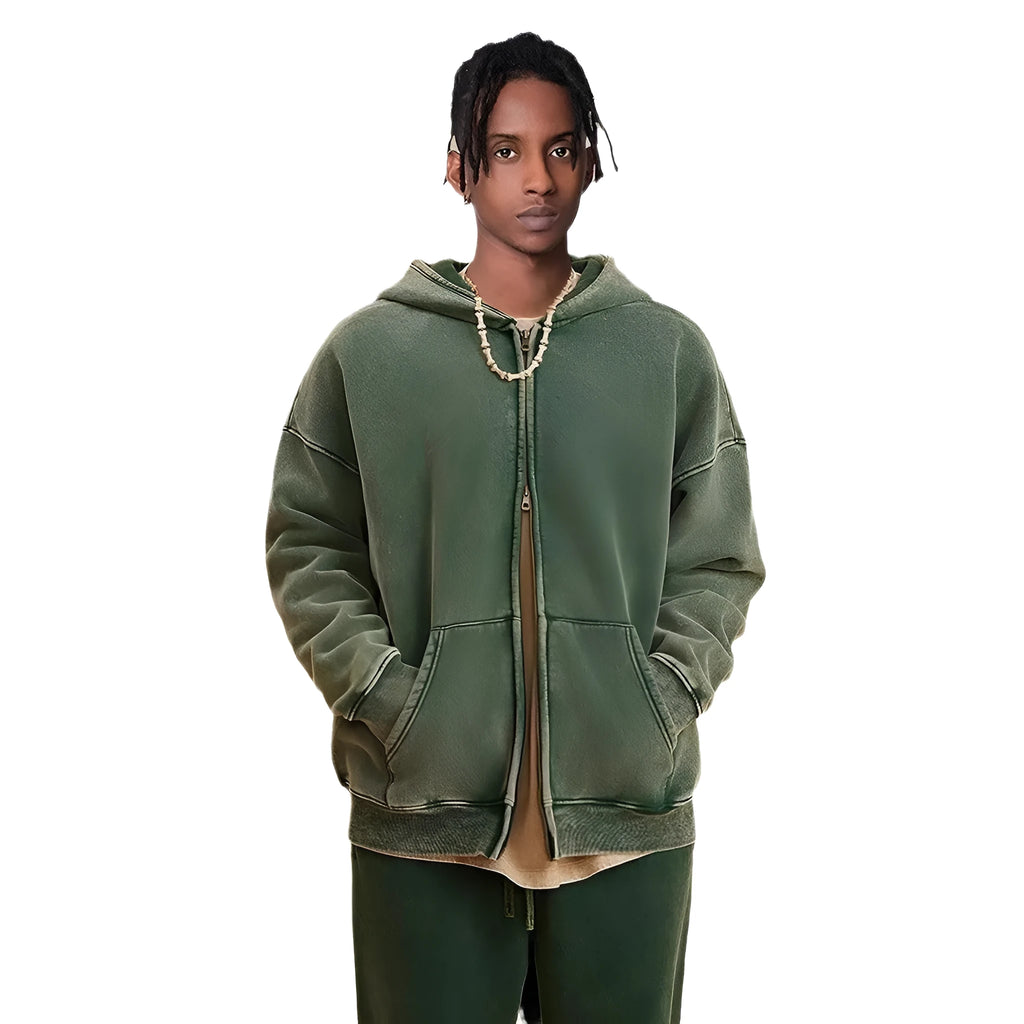 Men's vintage washed-colour hooded cardigan sweater with a double zipper and fleece lining.