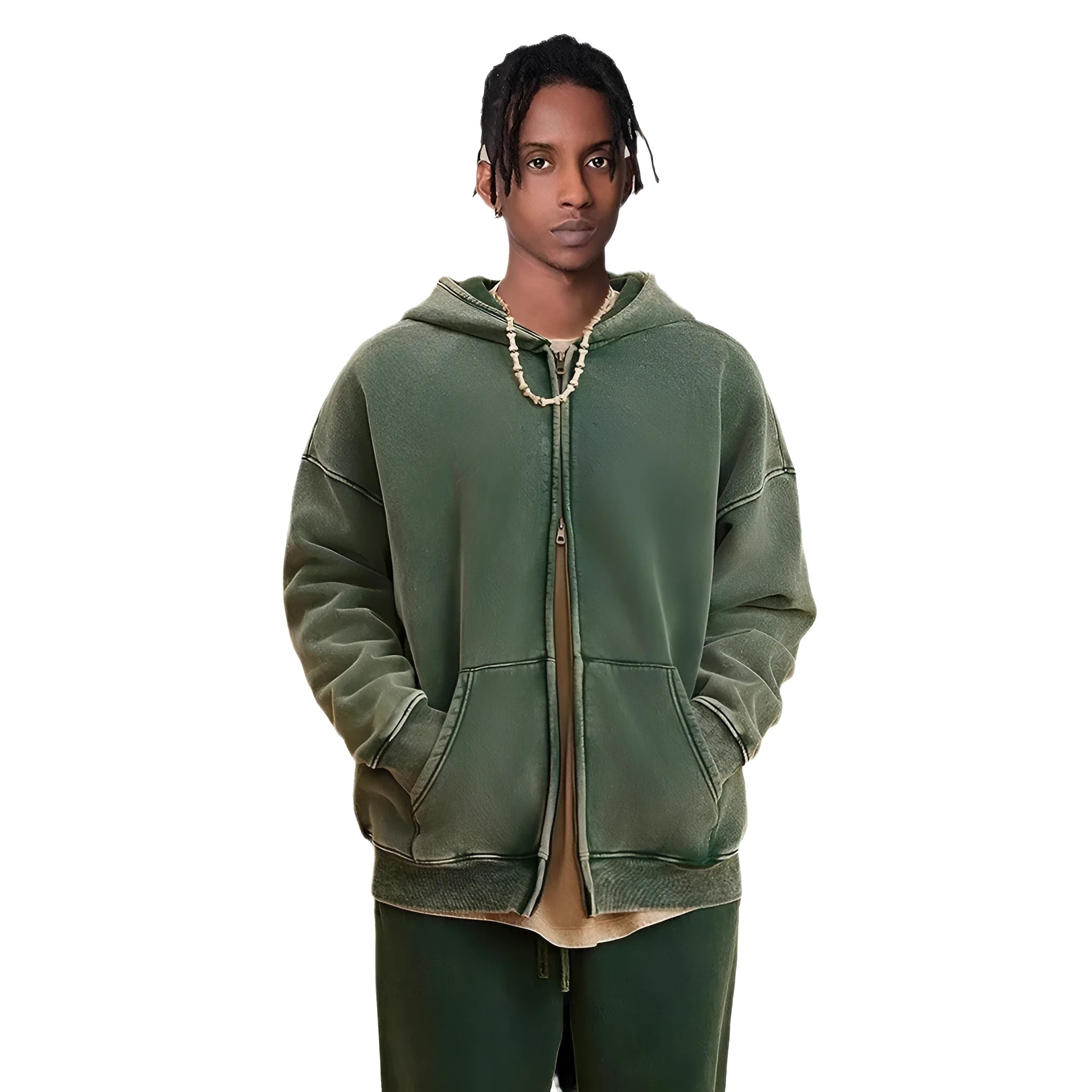 Men's vintage washed-colour hooded cardigan sweater with a double zipper and fleece lining.