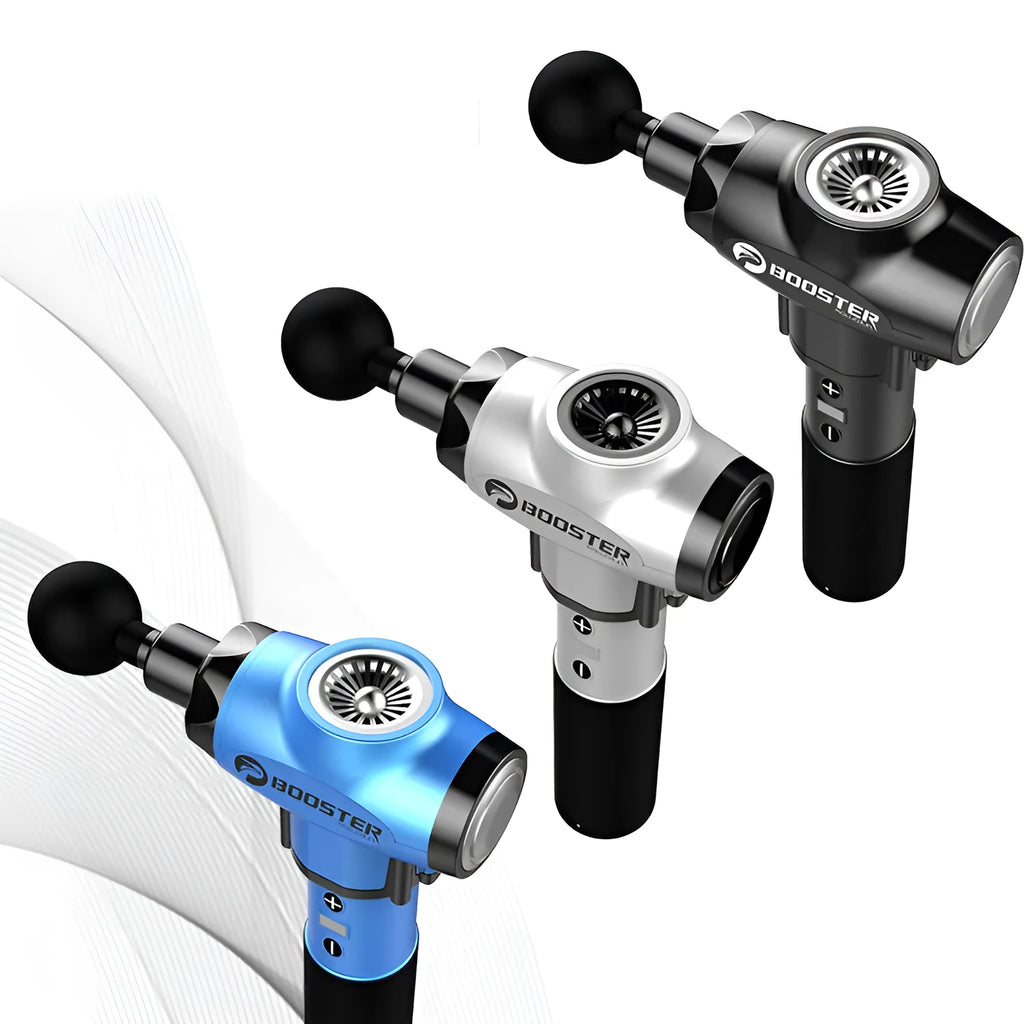 Black and white cordless massage gun with deep tissue 12mm stroke.