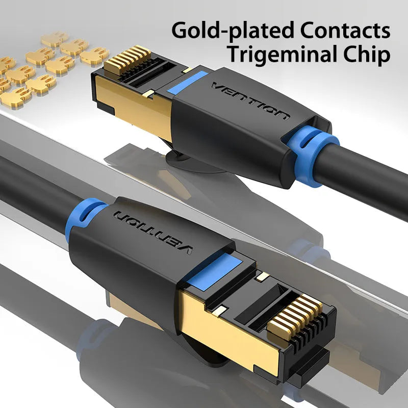 CAT8 shielded network cable with RJ45 connectors in flat and round styles for 10G high-speed home gaming