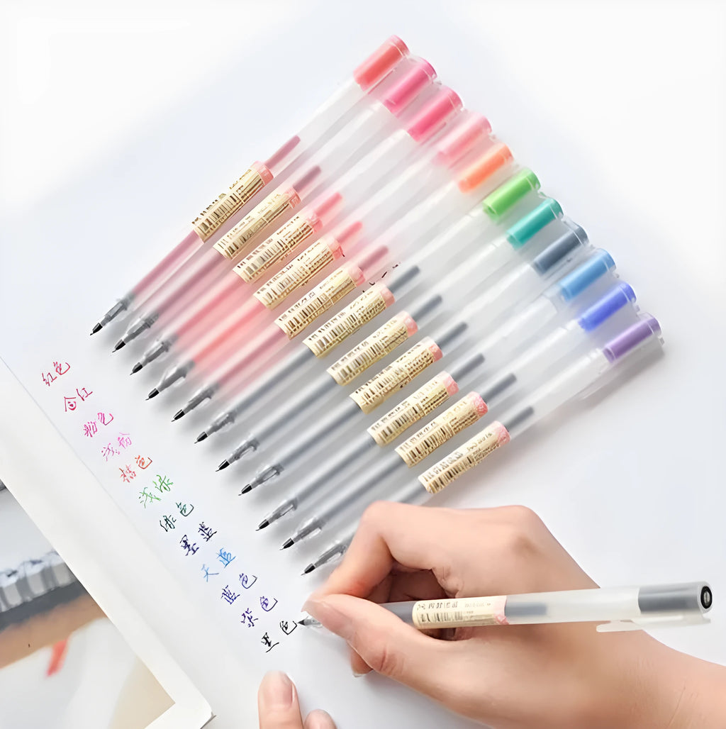 Muji 12-piece gel pen set with black ink, showing fine 0.5mm nibs.