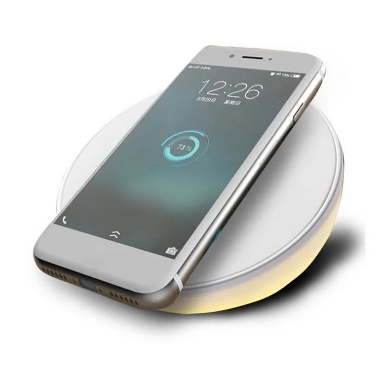 White 10W wireless charging pad with digital clock display and alarm functions