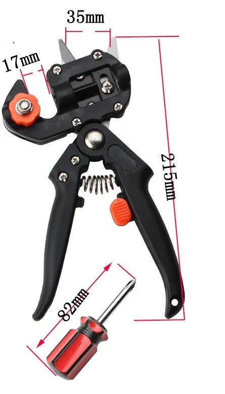 Black handheld grafting scissors with high carbon steel blade, open position showing U-shape cutting slot