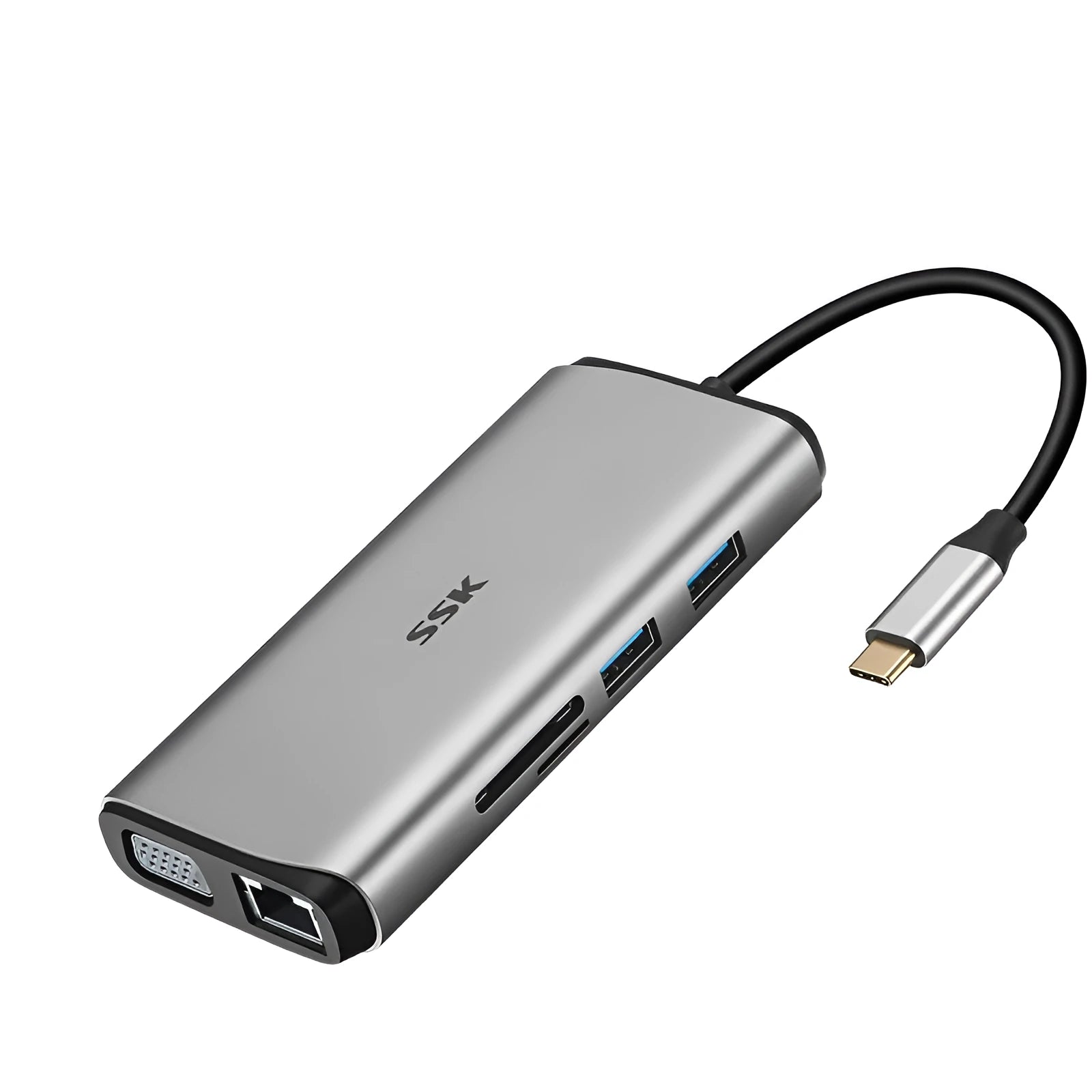 Grey 11-in-1 USB-C docking station with HDMI, VGA, USB ports, Ethernet, and card reader on a desk.
