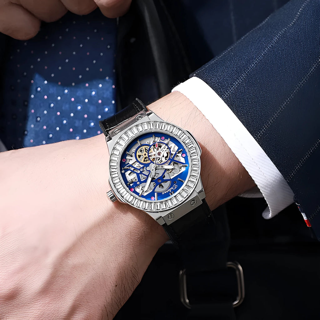 Automatic men's watch with skeleton diamond movement and white case, shown on wrist.
