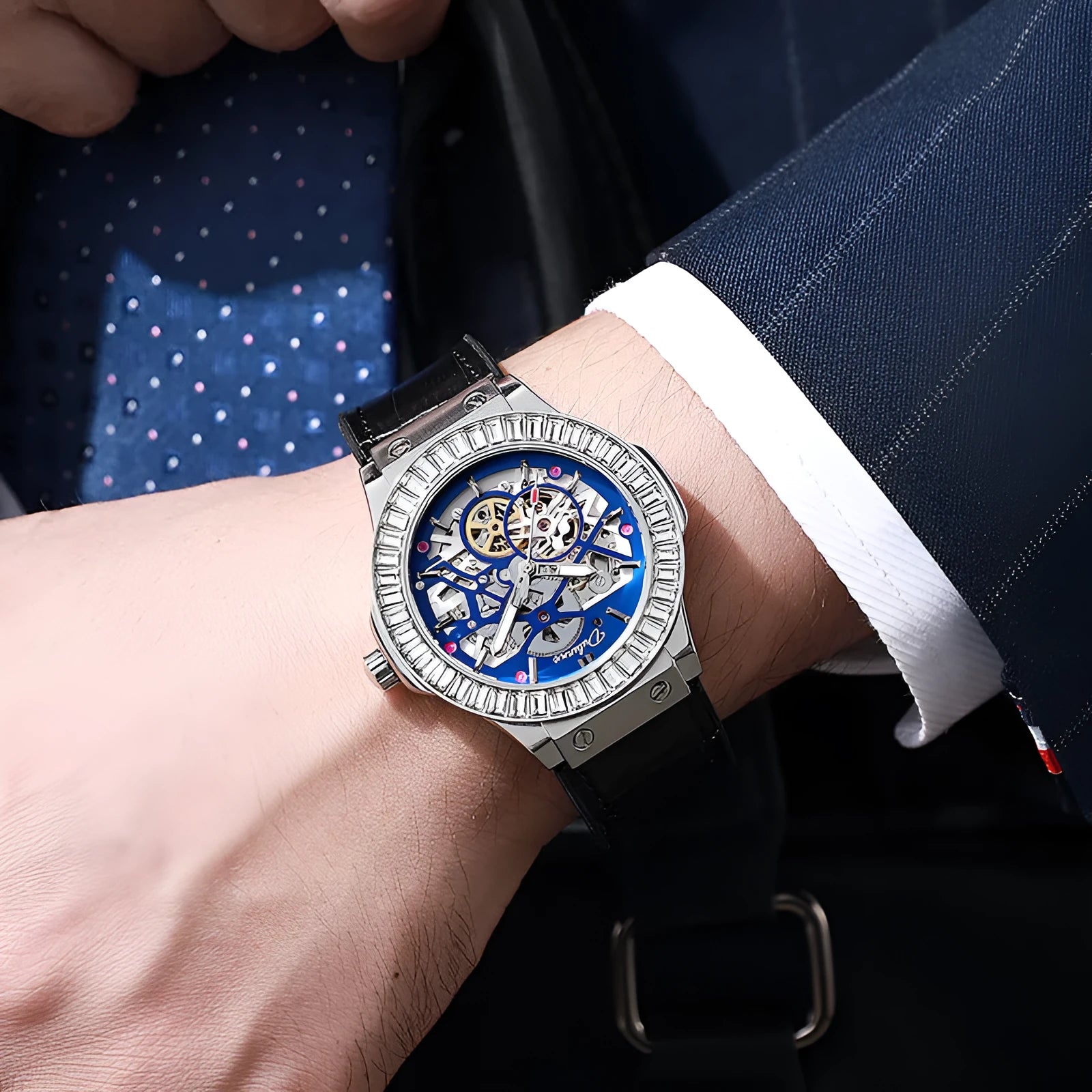 Automatic men's watch with skeleton diamond movement and white case, shown on wrist.