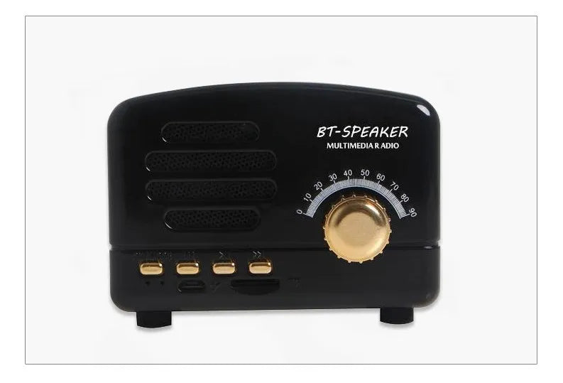 Compact portable Bluetooth speaker with a vintage wood grain finish on a plastic shell