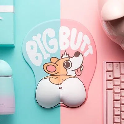 3D corgi-shaped mouse pad with raised wrist support cushion on a desk