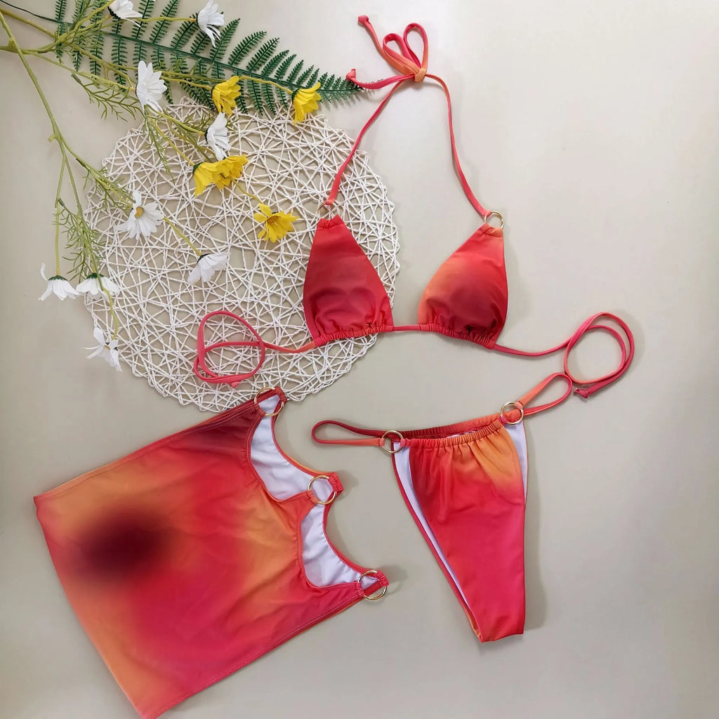 Tie-dye gradient halter bikini three-piece swimsuit set with skirt on a white background