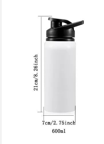 White aluminium sports water bottle showing 600ml and 750ml capacity options for cycling and outdoor use