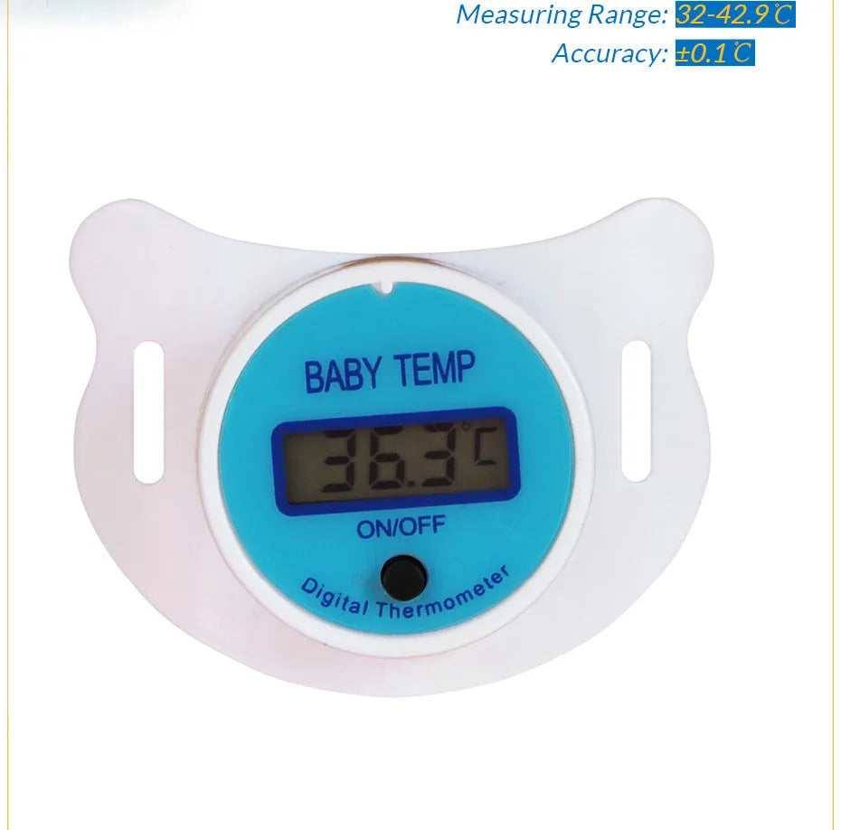 Baby pacifier digital thermometer in blue and pink colours for infant temperature monitoring