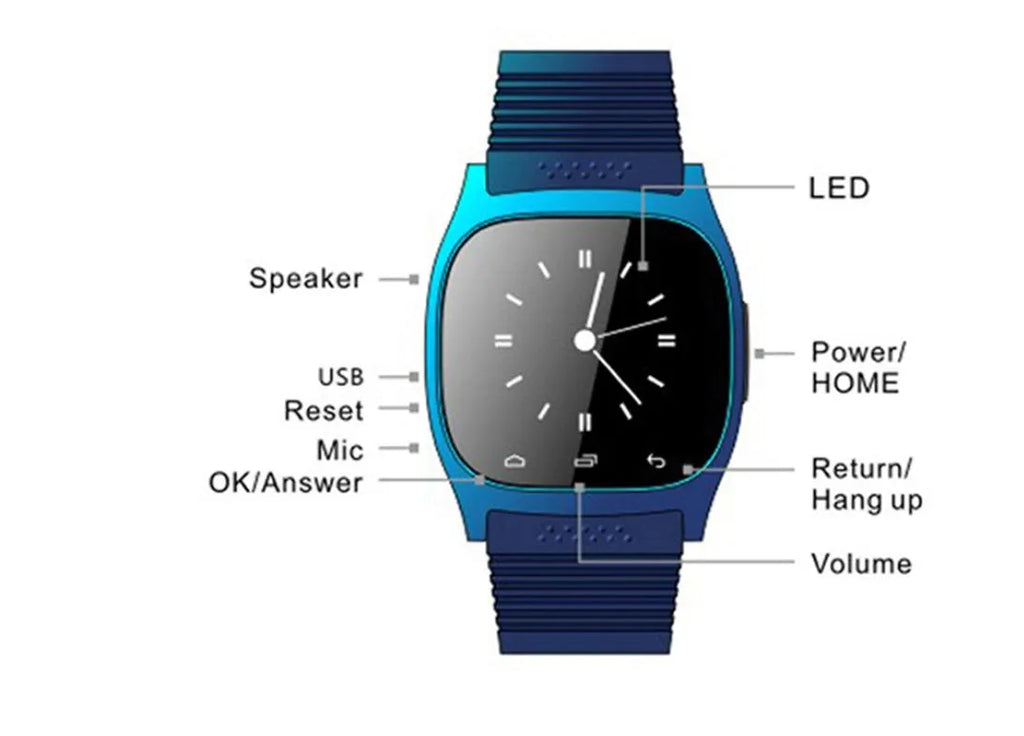Bluetooth sports watch in black, white, or blue colours compatible with iPhone and Android smartphones