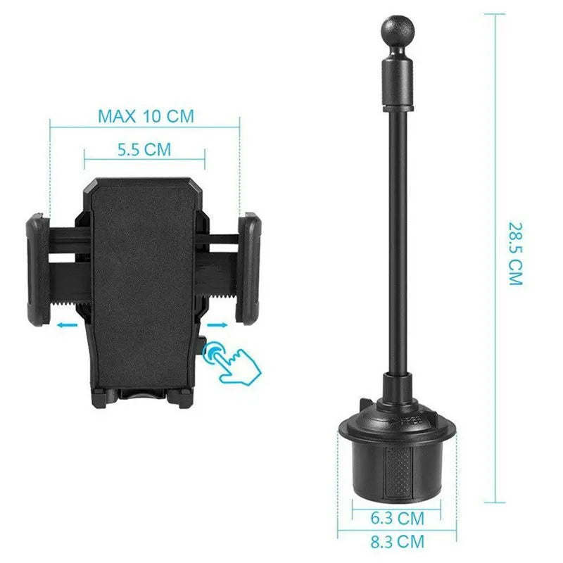 Black car-mount phone bracket with adjustable side handles showing 360-degree rotation and vent clip attachment