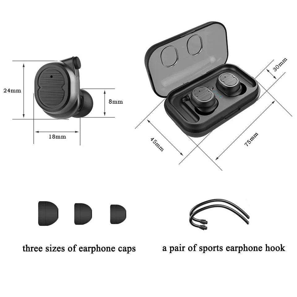 Bluetooth wireless earbuds in black, white, red, and blue colours showing earbud design