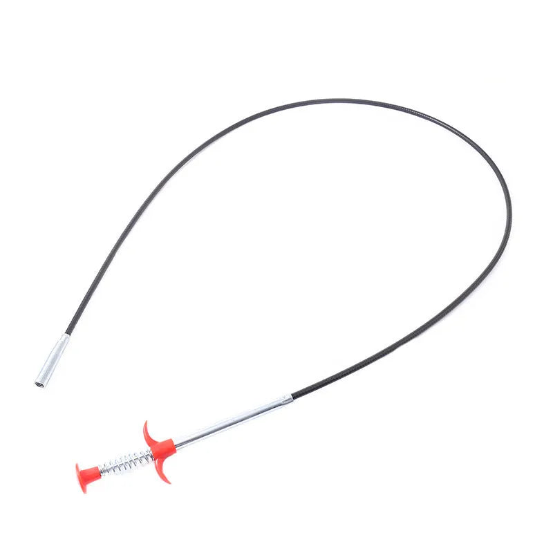 Black sewer dredger spring drain cleaning tool with handle and coiled end for pipe unclogging.