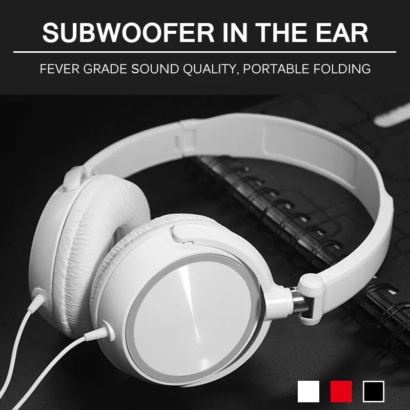 Black folding wired over-ear headphones with adjustable headband and 3.5mm plug on a 1.2m cable.