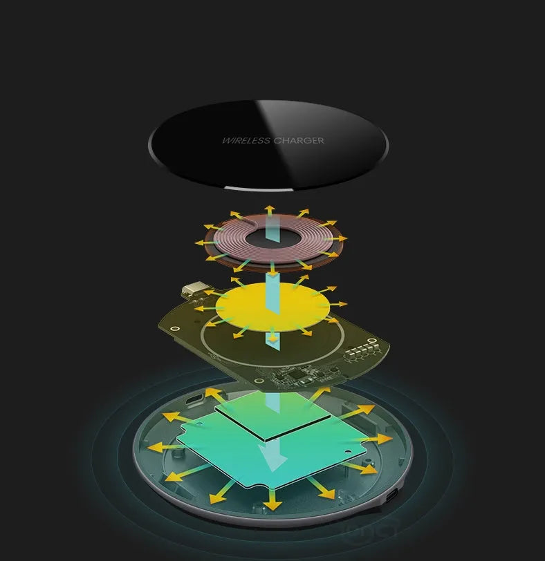 Black QI wireless charging pad with smooth surface and silicone non-slip base for 15W fast charging