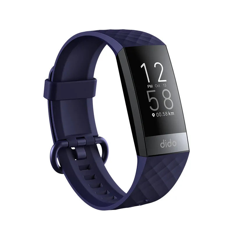 Smart bracelet on wrist showing blood pressure and ECG monitoring on its 1.1-inch screen.