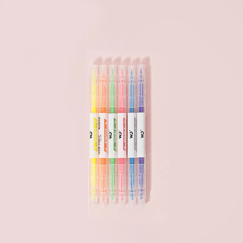 Six double-headed highlighter pens showing round and oblique tips in six different colours