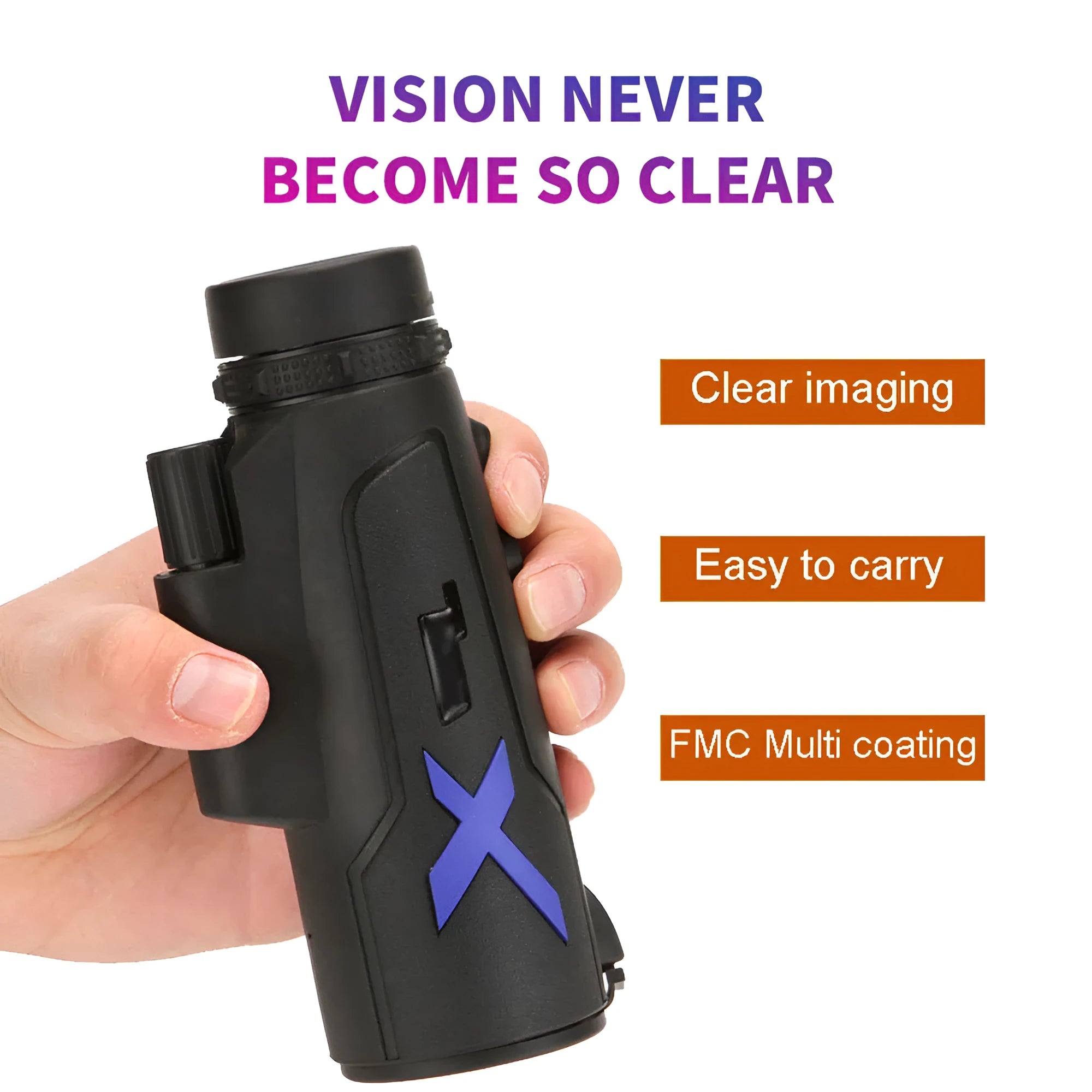 Black 20x50 monocular telescope with 22mm objective lens for outdoor observation
