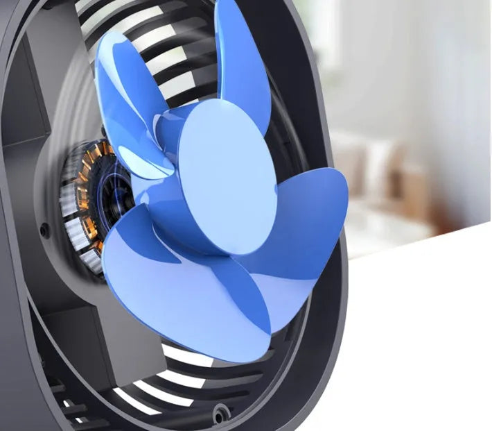 Blue USB desk fan with 360-degree rotation and rotary switch on a desk.