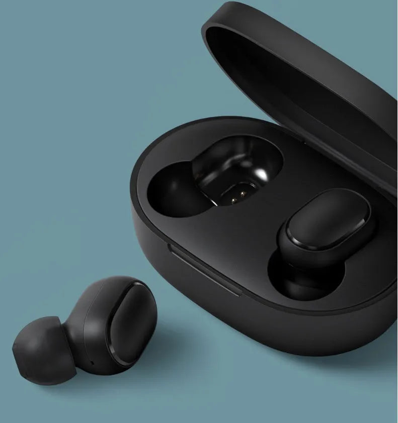 Black Redmi AirDots 2 True Wireless Bluetooth earbuds and charging case.