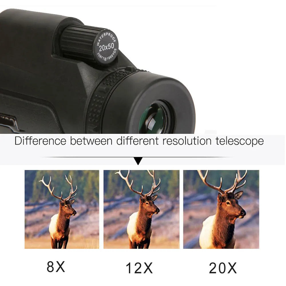 Black 20x50 monocular telescope with 22mm objective lens for outdoor observation