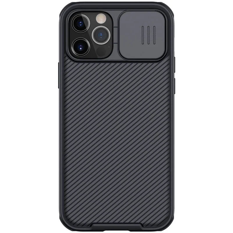 NILLKIN Black Mirror phone case for iPhone 12/12 Pro with sliding camera cover in black, blue, or green