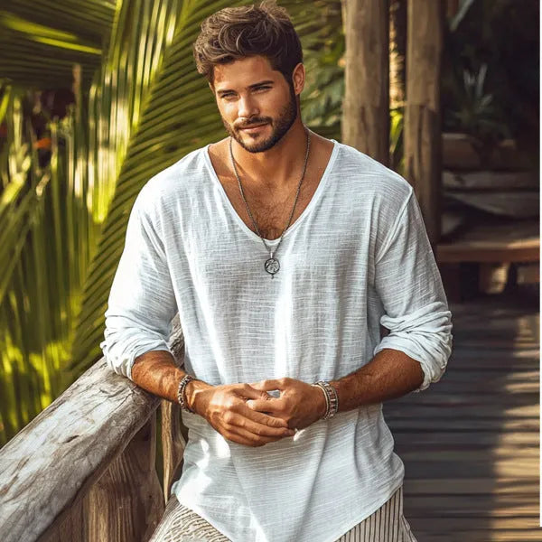Beige slim fit V-neck long-sleeved pullover T-shirt made from hemp blend fabric