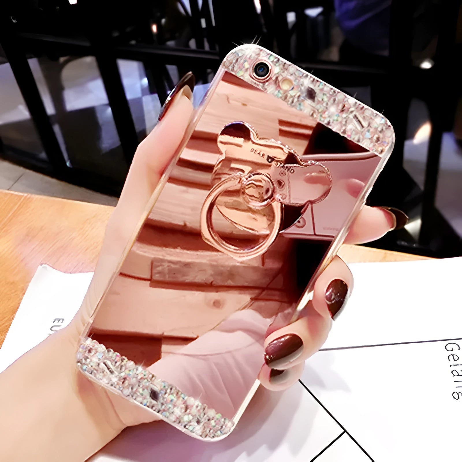 Handmade rhinestone silicone phone case for iPhone 13 in rose gold