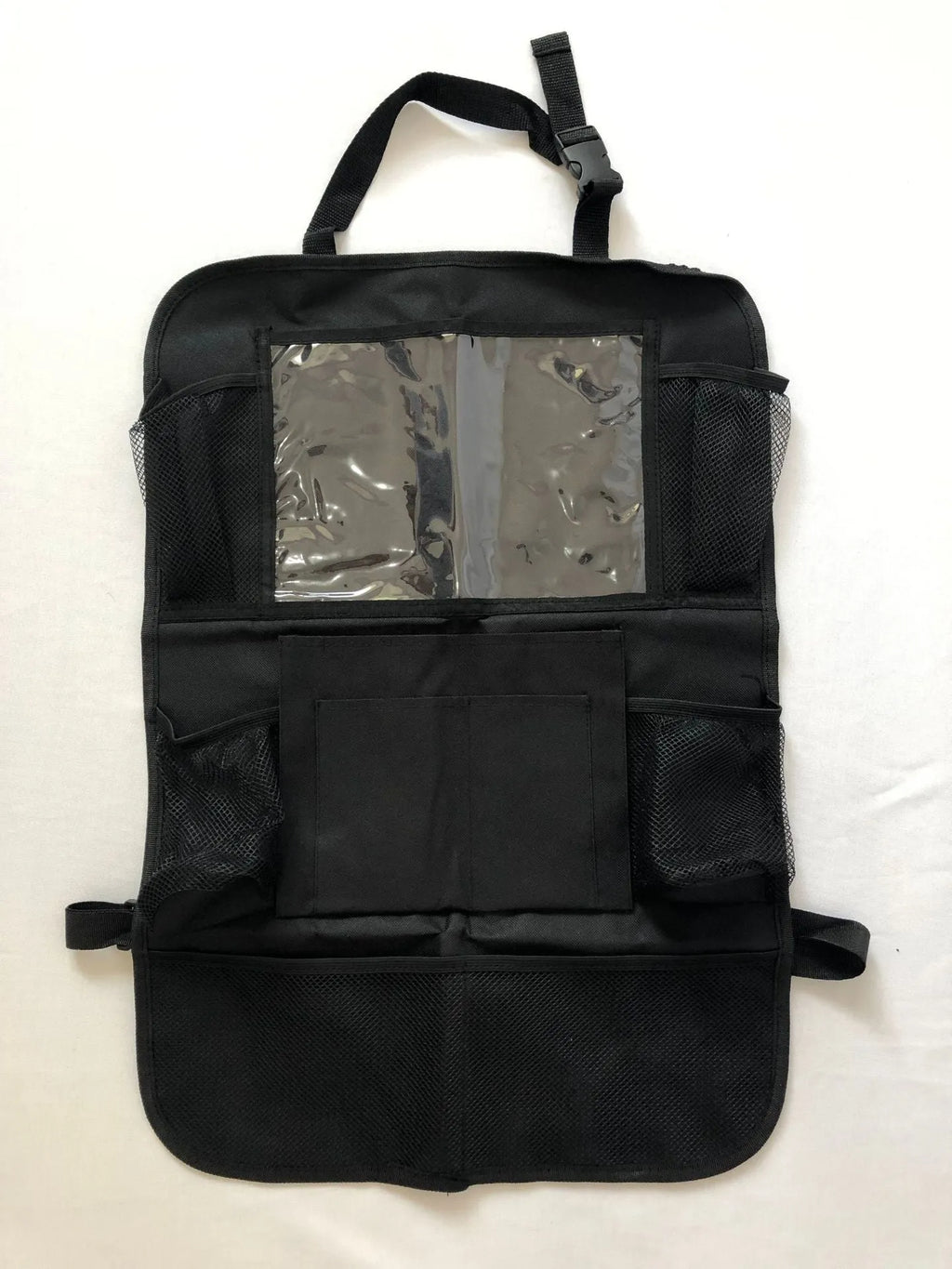 Car seat back storage pouch with 9 storage bags and transparent iPad pocket in black mounted on a car seat
